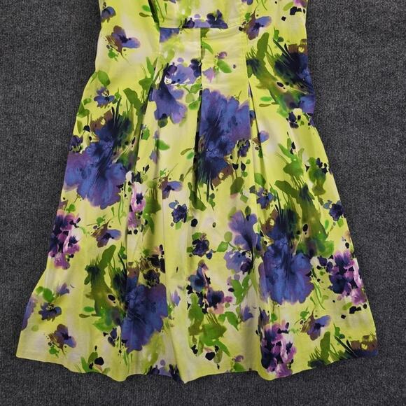 Nine West Dress Womens 10 Chartreuse Lime Green Purple Floral Fit & Flare Pleate - Picture 3 of 9